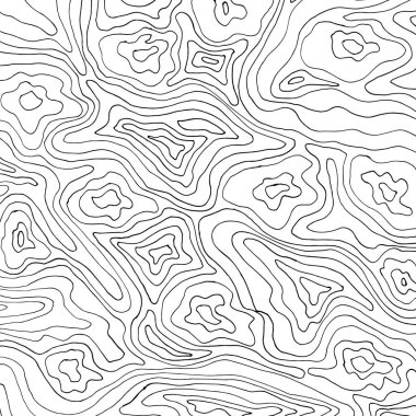 Soyut hat arkaplanı. Organik kıvrımları ve dalgalı çizgileri olan modern topografik desen. Posterler, ambalajlar, markalaşma ve yüzey tasarımı için minimum siyah ve beyaz vektör dokusu mükemmel.