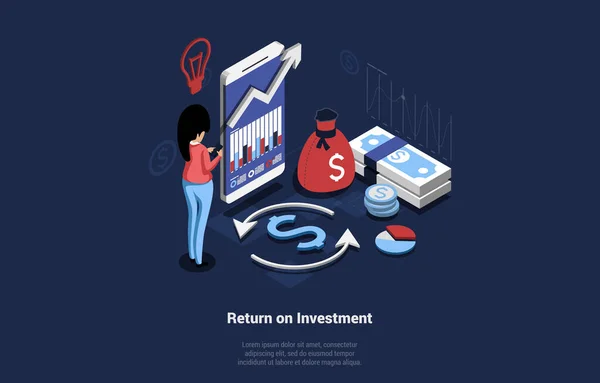 Return On Investment Business Concept Vector Illustration In Isometric Style (dalam bahasa Inggris). Modern Design Komposisi 3D dengan Karakter Kartun. Ide pengembalian uang. Wanita dengan smartphone, Layar Telepon Besar, Dolar - Stok Vektor