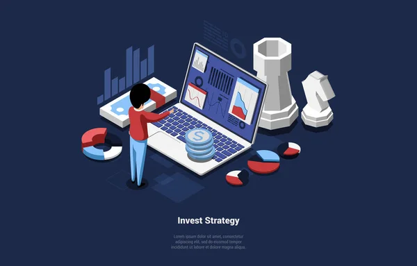 Money Investments Strategy Business Analysis Concept Vector Illustration In Cartoon 3D Style. Izometrické složení člověka u notebooku s grafy na obrazovce. Diagramy, grafy a peněžní značky Kolem — Stockový vektor