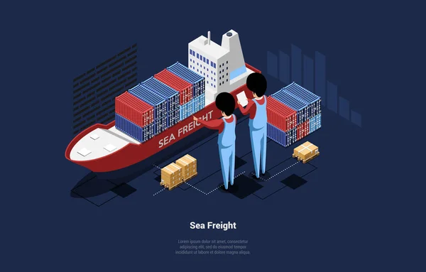 3D Vector Illustratie In Cartoon Isometrische stijl van zeevracht concept. Samenstelling op donkere achtergrond met grote personages laden klein schip met pakket. Magazijn en logistiek Idee Ontwerp — Stockvector