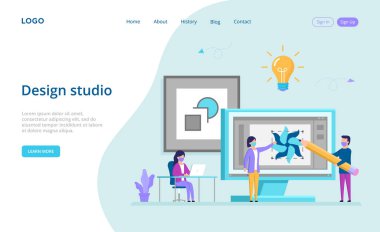 Düz çizgi film tarzında Modern Tasarım Stüdyosu Kavramsal Sanat Kompozisyonu. Yazılı ve Düğmeli Web Sayfası Şablonu Vektör Resimleri. Tasarımcılar Geniş Bilgisayar Monitöründe Proje Üzerinde Çalışıyor