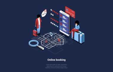 Karanlık Arkaplanda 3 boyutlu karikatür illüstrasyonu. Online Rezervasyon ve Yazma Konseptinin Isometric Bestesi Bilet siparişi veren karakterler. Büyük Telefon, Harita, Navigator
