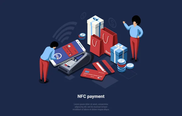 Ilustración vectorial del pago móvil isométrico de NFC en estilo 3D de la historieta. Composición sobre fondo oscuro con escritos. Dos personajes que utilizan el sistema de banca por Internet con tarjeta de crédito y teléfono inteligente — Vector de stock