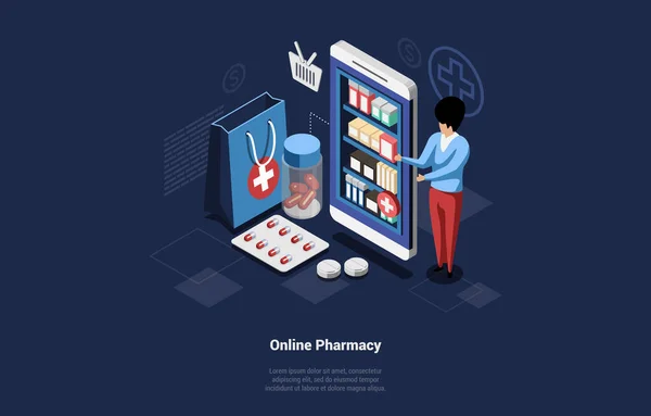( 영어 ) Online Pharmacy Illustration In Cartoon 3D Style. 인터넷 투약 컨셉에 대한 Vector Composition of Internet mediction Concept. 캐릭터는 의료 제품과 함께 스크린에 달려 있는 거대 한 폰 근처에 있다. 주위의 인 쇄 시설 — 스톡 벡터