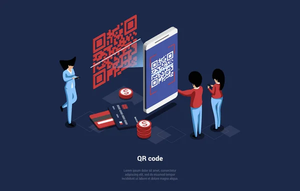 Illustration vectorielle isométrique du code QR dans le style 3D de bande dessinée avec des écrits. Groupe de personnes minuscules utilisant un scanner de téléphone intelligent énorme pour vérifier. Cartes de crédit et pièces en dollars reposant autour des personnages — Image vectorielle