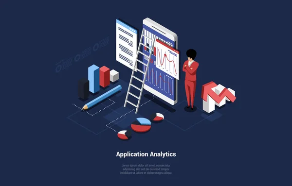 Männlicher Charakter in der Nähe von riesigen Smartphones, Diagrammen und Grafiken auf dem Bildschirm. Ladderl und Isometrische Diagramme herum. Geschäftsillustration im Cartoon 3D-Stil von Application Analytics. Isometrische Vektorzusammensetzung — Stockvektor