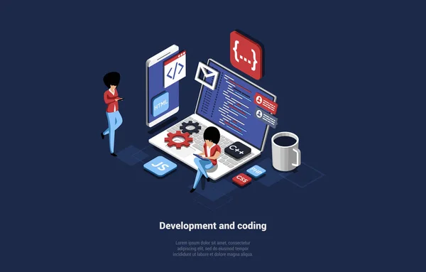 Web Development, Coding And Online Operation Concept in Isometric Design. Illustration de dessin animé vectoriel. Fabrication d'une application Internet ou d'un service de site Web en style 3D. Grand ordinateur portable et personnages d'affaires — Image vectorielle