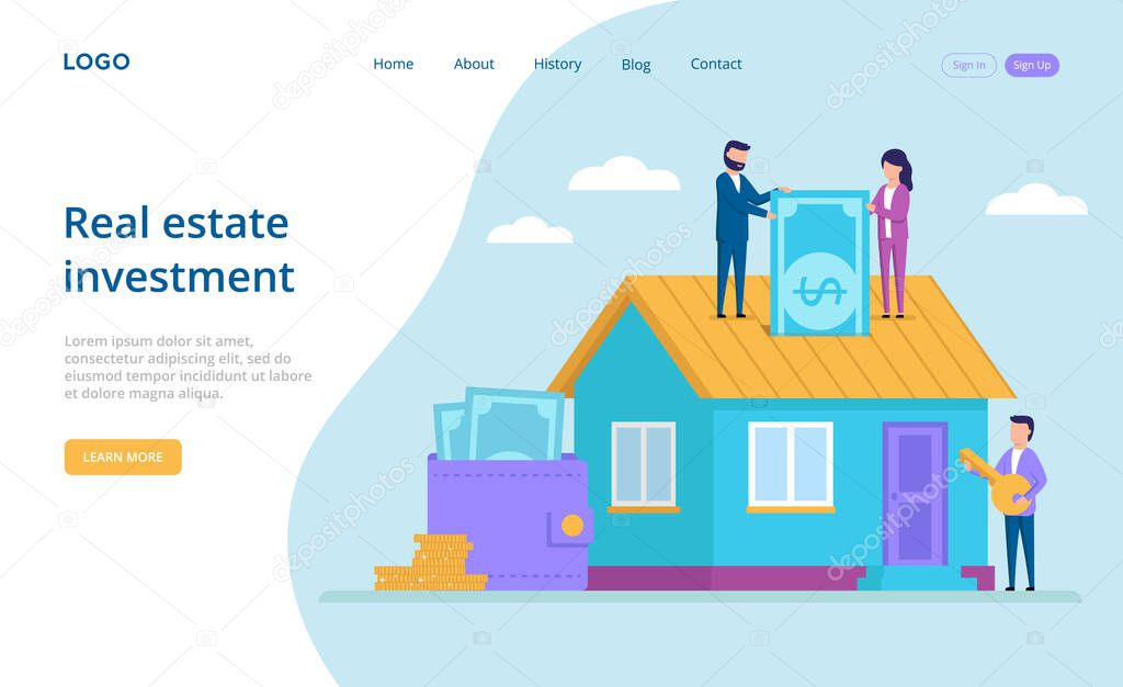 Vector Illustration Of People Investing Money In Real Estate. Small Characters Putting Banknote In House, Man Holding Key. House Loan, Property Mortgage Concept Composition In Cartoon Flat Style