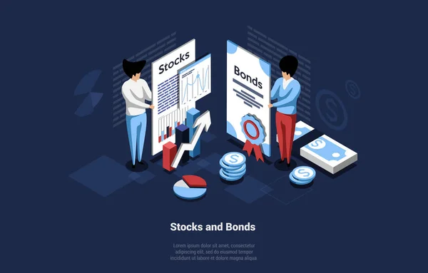 Üzleti koncepció A részvények és kötvények bemutatása sötét háttérrel. Vektorkompozíció rajzfilm 3D-s stílusban. Két üzletember karakter kezében nagy papírok információ a garancia és a siker — Stock Vector