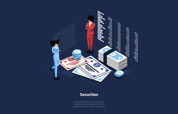 Business Vector Illustration On Money Securities Concept. Composition 3D Dans Le Style Isométrique De Caricature De Personnages Masculins Et Féminins Se tenant Près De Grandes Billets Et Pièces D'argent, Infographies Près D'eux — Image vectorielle