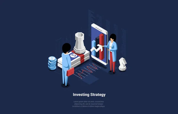 Isometric Vector Illustration In Cartoon 3D Style (dalam bahasa Inggris). Conceptual Composition On Investing Strategy Idea (dalam bahasa Inggris). Male And Female Businessmen Diskusikan Metode Pembiayaan Sukses Dekat Big Smartphone And Chess - Stok Vektor