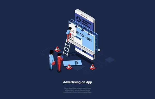 Δημιουργική ισομετρική απεικόνιση της διαφήμισης σχετικά με την έννοια της εφαρμογής. Σύνθεση διάνυσμα σε καρτούν 3D στυλ διάταξης με το γράψιμο. Επιχειρηματίες βλέποντας Man Gluing Διαφημιστικό Banner στην οθόνη Smartphone — Διανυσματικό Αρχείο