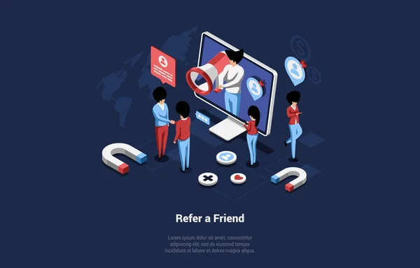 Isometric Vector Composition In Cartoon 3D Style Of Referral Marketing Concept. Network Friend Refer Program Strategy 의줄임 말이다. 현대 온라인 비즈니스 계열사. 컴퓨터 근처에서 일하는 사람들 — 스톡 벡터