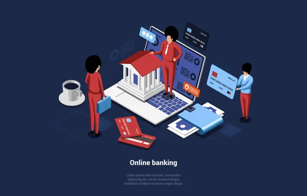 Çevrimiçi Bankacılık Konseptinin Isometric Vektör Bileşimi. Ofis Tarzı Erkek ve Kadın İş Karakterlerinin Para İlgili Eşyaları Tutan 3D Çizgi Filmi. Ekranda Bilgi Grafikleri olan büyük bir dizüstü bilgisayar — Stok Vektör