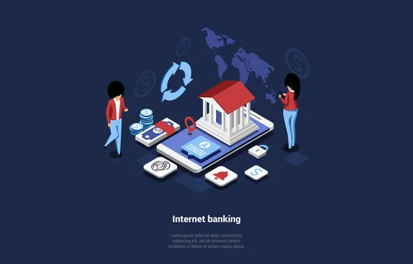 İnternet Bankacılığı Kavramsal Vektör İllüstrasyonu Çizgi Film 3D tarzında. Banka Binası, Para İlgili Ögeler, Kadın İş Karakterleri, Infographics ile Büyük Akıllı Telefonun Isometric bileşimi — Stok Vektör