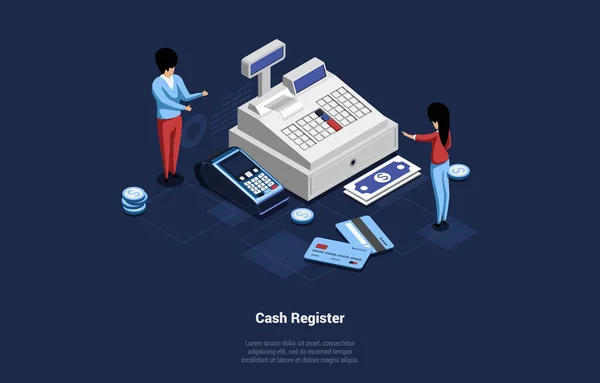 Vector 3D Illustration In Cartoon Style 의 약자이다. 암흑가에서 어떤 토론을 하는 거지. Huge Cash Register Machine With Terminal, Male And Female Characters, Money Banknotes And Coins, Credit Cards Near by — 스톡 벡터