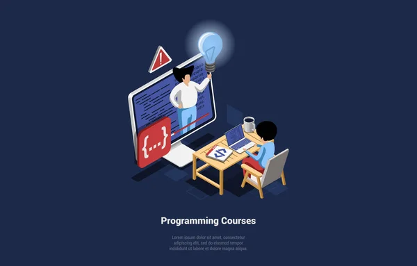 Internet Programming Courses Illustrazione vettoriale in stile cartone animato 3D su sfondo scuro. Composizione isometrica. Grande monitor del computer con docente di sesso maschile sullo schermo, studente seduto a Dask Studiare — Vettoriale Stock