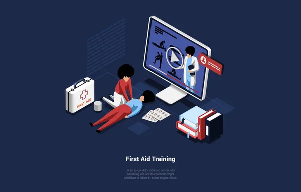 Online Course of First Aid Training Εικονογράφηση διάνυσμα σε κινούμενα σχέδια 3D στυλ. Ισομετρική σύνθεση, σώστε τη ζωή και την υγεία έννοια. Οι άνθρωποι μαθαίνουν πληροφορίες και εξάσκηση από το βίντεο στον υπολογιστή — Διανυσματικό Αρχείο