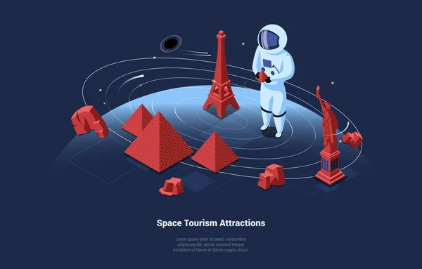 3D Εικονογράφηση σε στυλ κινουμένων σχεδίων με τον διαστημικό τουρισμό αξιοθέατα Γράφοντας. Ισομετρική σύνθεση του Αστροναύτη Tourist Σε Προστατευτική Στολή Σε Ανοικτό Χώρο Επίσκεψη ορόσημα. Σκούρο φόντο με αστέρια — Διανυσματικό Αρχείο