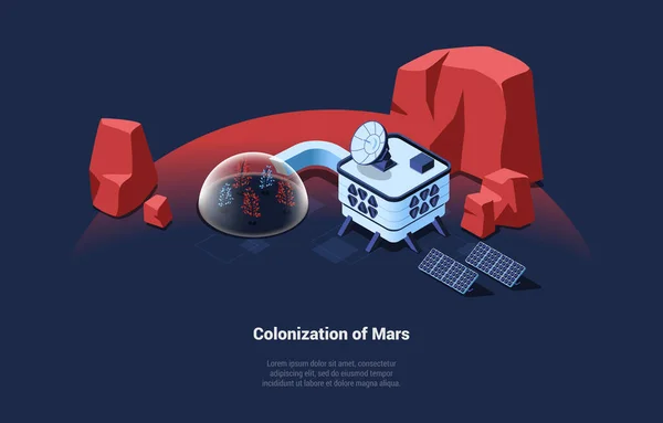 Εννοιολογική απεικόνιση διάνυσμα σε καρτούν 3D στυλ. Ισομετρική σύνθεση για τον αποικισμό της ιδέας του Άρη σε σκούρο φόντο. Φουτουριστικό χώρο αντικείμενα στην επιφάνεια του πλανήτη, σύγχρονη κηπουρική και ενεργειακά αντικείμενα — Διανυσματικό Αρχείο