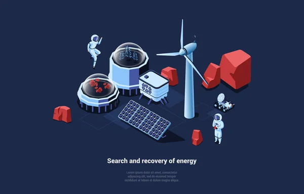 Cosmic Concept Vector Illustration With Search And Recovery Of Energy Schrift auf dunklem Hintergrund. 3D Komposition im Cartoon-Stil. Zwei Astronauten erkunden mit modernen Methoden der Stromversorgung den Planeten — Stockvektor