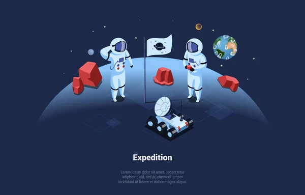 Expedição Espacial Conceptual Vector Ilustração Em Cartoon 3D Estilo. Composição isométrica de dois astronautas com robô acelerador em pé na superfície do planeta, Cosmos com estrelas, Terra em segundo plano —  Vetores de Stock