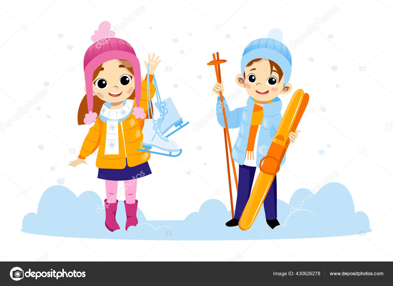 Two Happy Children Characters Standing In Snow Smiling And Waving Their Hands. Colorful Vector Illustration In Cartoon Flat Style. Boy And Girl Wearing Winter Clothes Holding Ski And Racing Skates Stock Vector Two Happy Children Characters Standing In Snow Smiling And Waving Their Hands. Colorful Vector Illustration In Cartoon Flat Style. Boy And Girl Wearing Winter Clothes Holding Ski And Racing Skates Stock Vector