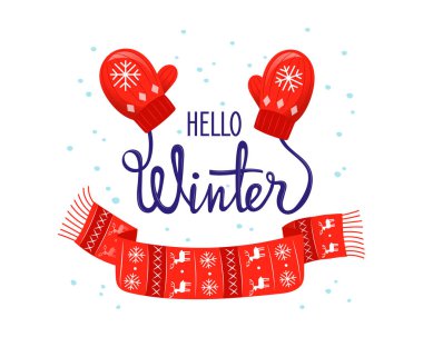 Merhaba Kış Renkli Vektör İllüstrasyonu Çizgi film Düz Stili Mezunlarla. Beyaz arkaplanda Harf Yazılı Kışlık Plaket Bestesi. Mevsimlik Kutlama Konsepti