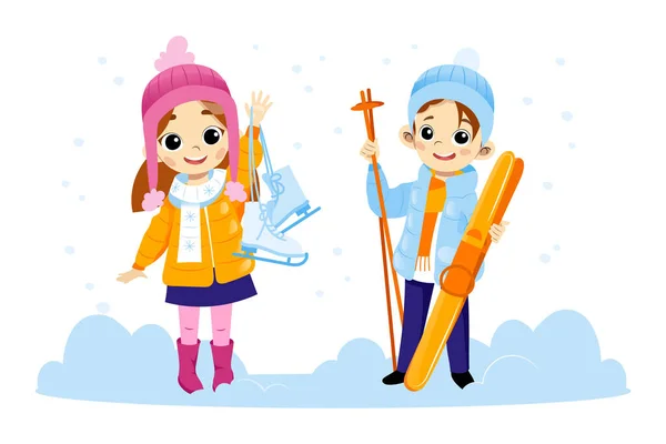 Two Happy Children Characters Standing In Snow Smiling And Waving Their Hands. Colorful Vector Illustration In Cartoon Flat Style. Boy And Girl Wearing Winter Clothes Holding Ski And Racing Skates — Stock Vector