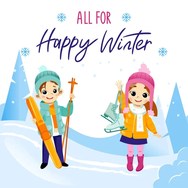 All For Happy Winter Writing On White Background. Cartoon Flat Vector Illustration In Placard. Colorful Comic Boy And Girl Characters Smiling, Holding Ski And Skates. Winter Activities And Leisure — Stock Vector