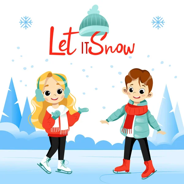 Let It Snow Writing Placard Type Vector Illustration With White Background. Cartoon Composition With Flat Elements. Two Children Standing On Ice And Skating Together. Blue Wintertime Forest Behind — Stock Vector