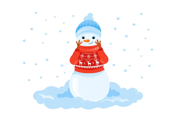 Colorful Vector Illustration In Cartoon Flat Style Of Happy Smiling Snowman Character In Sweater On White Background With Snowflakes. Cosy Winter Composition On Seasonal Holidays And Fests Concept — Stock Vector