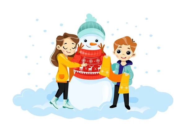 Ilustración de vectores de escena de invierno en estilo plano de dibujos animados con personajes. Hombre y mujer niños abrazando sonriente muñeco de nieve en puente y sombrero. Placa colorida de los niños de la feliz Navidad con los gradientes — Archivo Imágenes Vectoriales