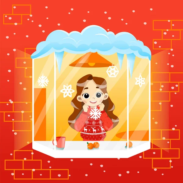 Cosy Wintertime Scene Illustration In Cartoon Flat Style With Gradients. Vector Composition Of Schoolgirl Character Standing At Windowsill Looking Outside. Happy Smiling Child Wearing Sweater At Home — Stock Vector