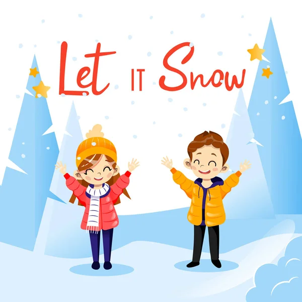 Vector Cartoon Illustration In Flat Style With Let It Snow Writing (dalam bahasa Inggris). Wintertime Concept Lettering Composition With Seasonal Snowing Forest And Two Children Characters Smiling Happily (dalam bahasa Inggris). Ide Plakat - Stok Vektor