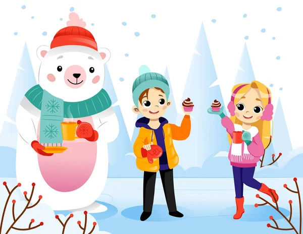 Wintertime Scene Vector Illustration In Cartoon Flat Style On Snowing Landscape Background. Colourful Gradient Characters Standing And Smiling. Happy Teenage Boy, Girl And Polar Bear In Warm Clothes — Stock Vector