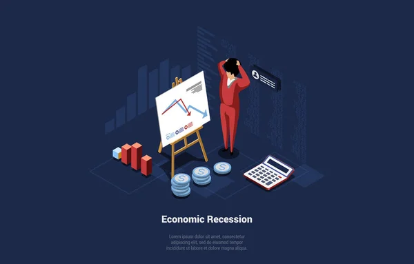 Récession économique Illustration conceptuelle avec infographie. Composition de bande dessinée 3D sur fond sombre. Art vectoriel isométrique avec caractère masculin choqué se tenant près de faible chute graphique financier — Image vectorielle