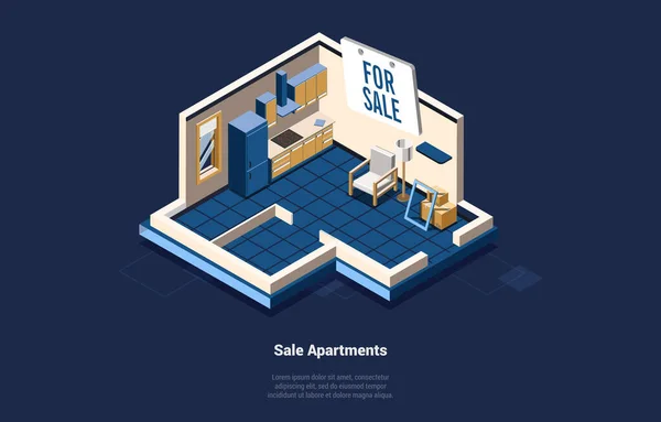 Sale House 또는 Apartment Concept Vector Illustration On Dark Background, Text. 3D 애니메이션으로 제작되었다. 거실과 부엌의 예술적 인 면이 있습니다. 실제 Estate Business, moving Flat Ideas — 스톡 벡터