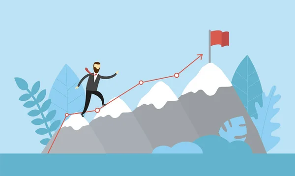 ( 영어 ) Conceptual Business Illustration In Cartoon Flat Style Of Male Character Climbing High Grey Mountains To Red Flag. 성공적 인 캐러 레이터 생활 아이디어, 목표 달성, 직업 목표 설정. 푸른 배경 — 스톡 벡터