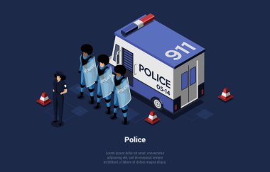 Isometric Illustration, üç polis memurundan oluşan bir grup özel üniformalı koruma kalkanı ve liderleri, polis minibüsü yakınlarında. Karanlık Arkaplan ve Yazma ile Karikatür Biçiminde 3B Kompozisyon