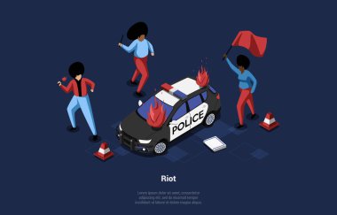 İsyan Fikirleri Üzerine Vektör Kavramsal Sanat. Çizgi film tarzında 3 boyutlu Isometric Illustration with Writings. Üç Karakter, polis arabasını sopayla, bayrakla ve yangınla parçaladı. Yanan Otomobil. İsyan