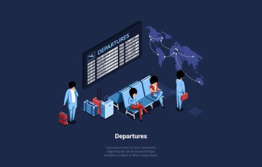 Havalimanının zaman çizelgeli ekranları ve oturumları olan bir görüntüsü. Karikatür 3B biçiminde vektör kompozisyonu ve Karanlık Arkaplanda Ayrılış Yazısı. Uçakları Bekleyen İnsanların Olduğu Isometric Sanat