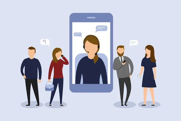 Mavi arka planda karakterleri olan düz çizgi film çizimi. Kulaklıklı kadın büyük akıllı telefon ekranında, dört erkek ve etrafta telefonlu bayan müşteriler var. Çağrı Merkezi Operatör Vektör Bileşimi — Stok Vektör