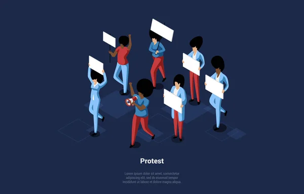 Concept Isometric Illustration In Cartoon 3D Style With Writings On Dark Background (dalam bahasa Inggris). Vector Composition Of Group Of People Going On Protest (dalam bahasa Inggris). Karakter Pria dan Wanita Dengan Tablet Dan Loudspeaker - Stok Vektor