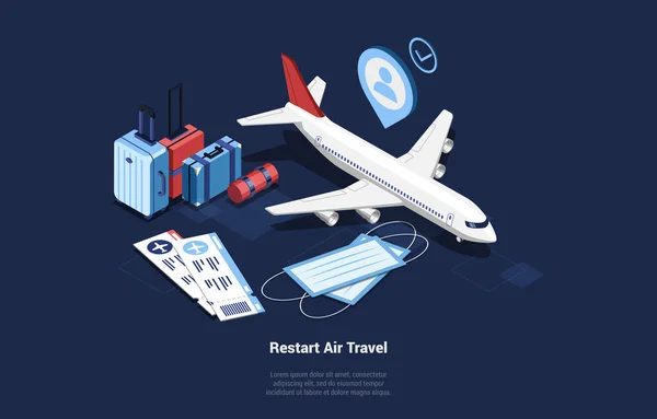 Restart Air Travel Concept Vector Illustration In Cartoon 3D Style. Isometric Composition With Objects n Dark Background. Quarantine Movement Prohibition Ideas. Plane, Tickets, Face Masks, Suitcases — Stock Vector