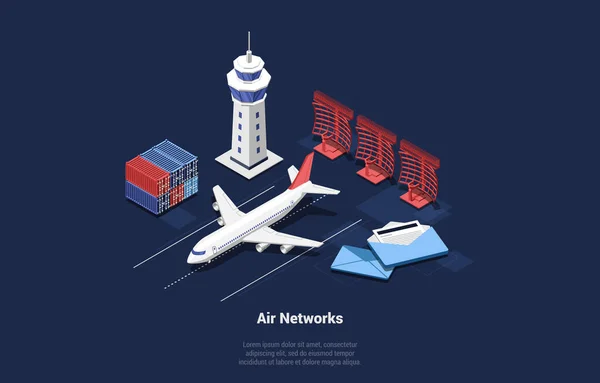 Ilustración conceptual de Air Networks en estilo 3D de dibujos animados. Aircraft Isomtric Vector Composition With Writings And Objects. Avión del pasajero en la pista de aterrizaje, artículos del aeropuerto alrededor en fondo oscuro — Vector de stock