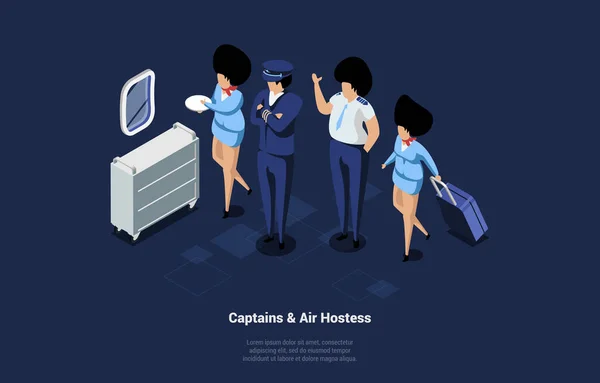 Kapitány és légiutas-kísérő karakterek legénysége a repülőgépen. Vektorkompozíció rajzfilm 3D-s stílusban. Izometrikus illusztráció kék egyenruhás emberekkel a munkahelyén. Légijármű-szakma, férfi és nő — Stock Vector