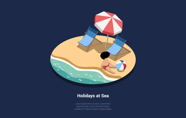 Holidays At Sea Illustration In Cartoon 3D Style. Vector Composition On Dark Background Of Child Sitting At Beach Near Water With Big Ball. Two Lounges And Umbrella Near Boy. Summer Travelling Concept — Stock Vector