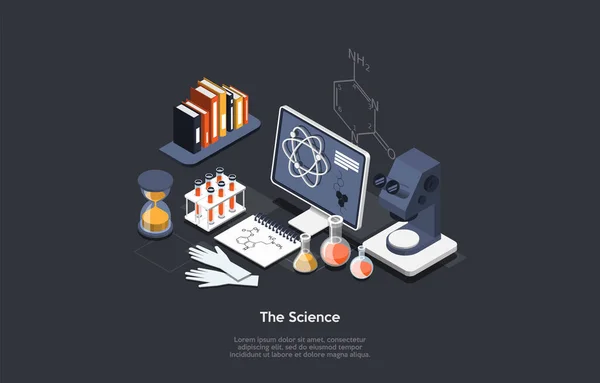 Science Related Objects On Dark Background. Scientist Concept Vector Illustration In Cartoon 3D Style. Isometric Composition With Laboratory Desktop Items Computer, Microscope, Tubes, Books, Gloves — ストックベクタ