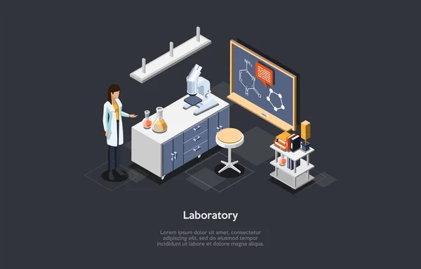 Isometrische Illustration von Design-Elementen für Laborräume mit weiblichem Wissenschaftlercharakter in weißer Robe. Vektorkomposition im Cartoon-3D-Stil mit Tafel, Tisch, Mikroskop, Büchern und Röhren — Stockvektor